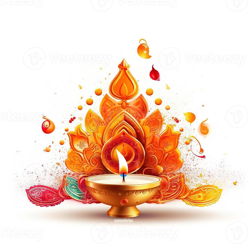 Illustration of Diwali festival Diya Lamp with rangoli at the bottom. . photo