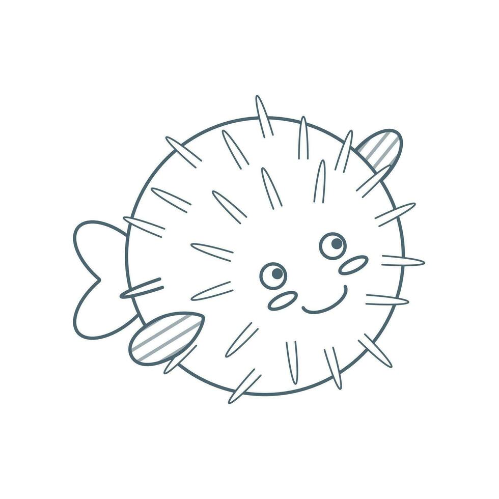 Puffer fish, sea animal. An inhabitant of the sea world, a cute underwater creature. Line art. vector