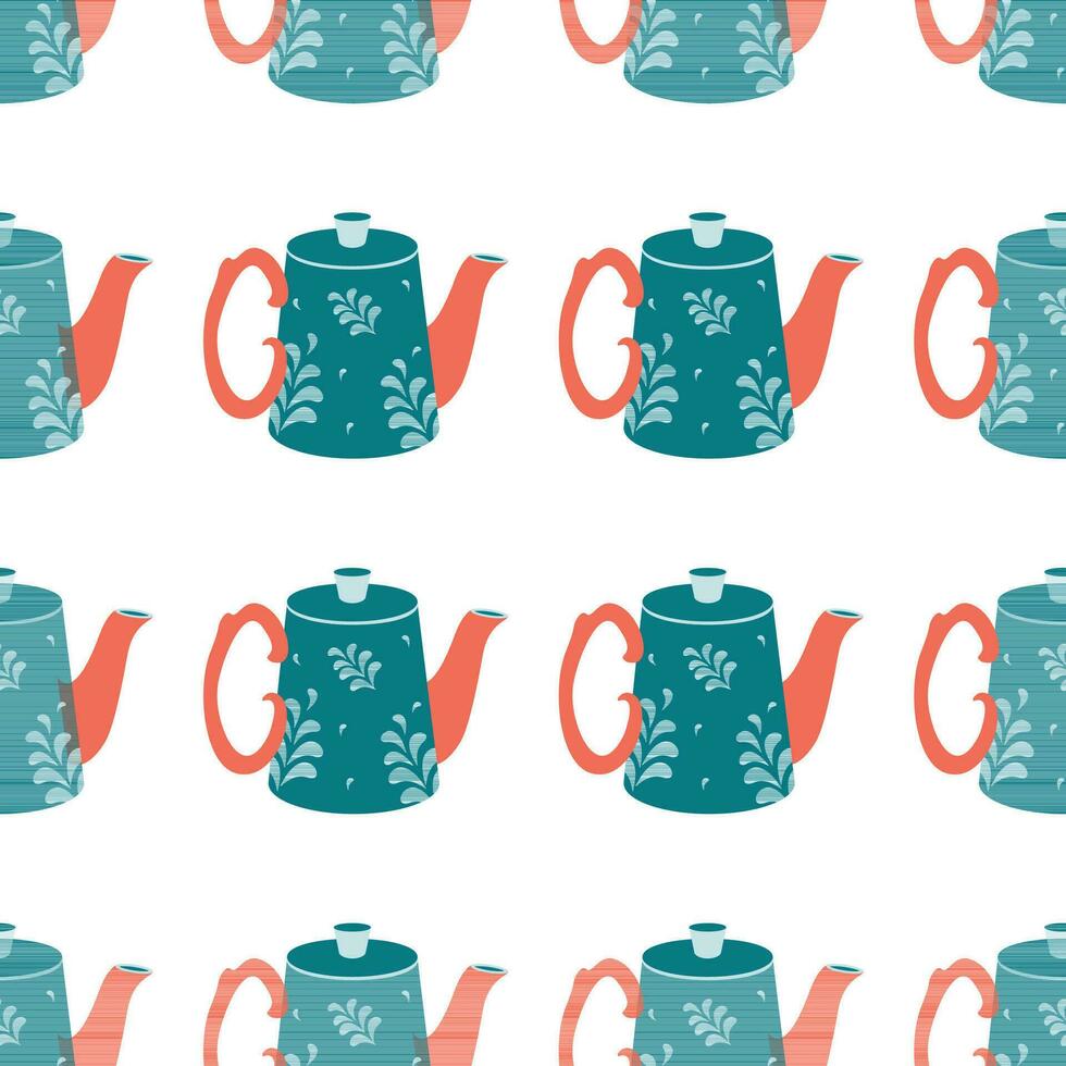 Pattern of kitchen utensils, kettle, coffee maker. vector