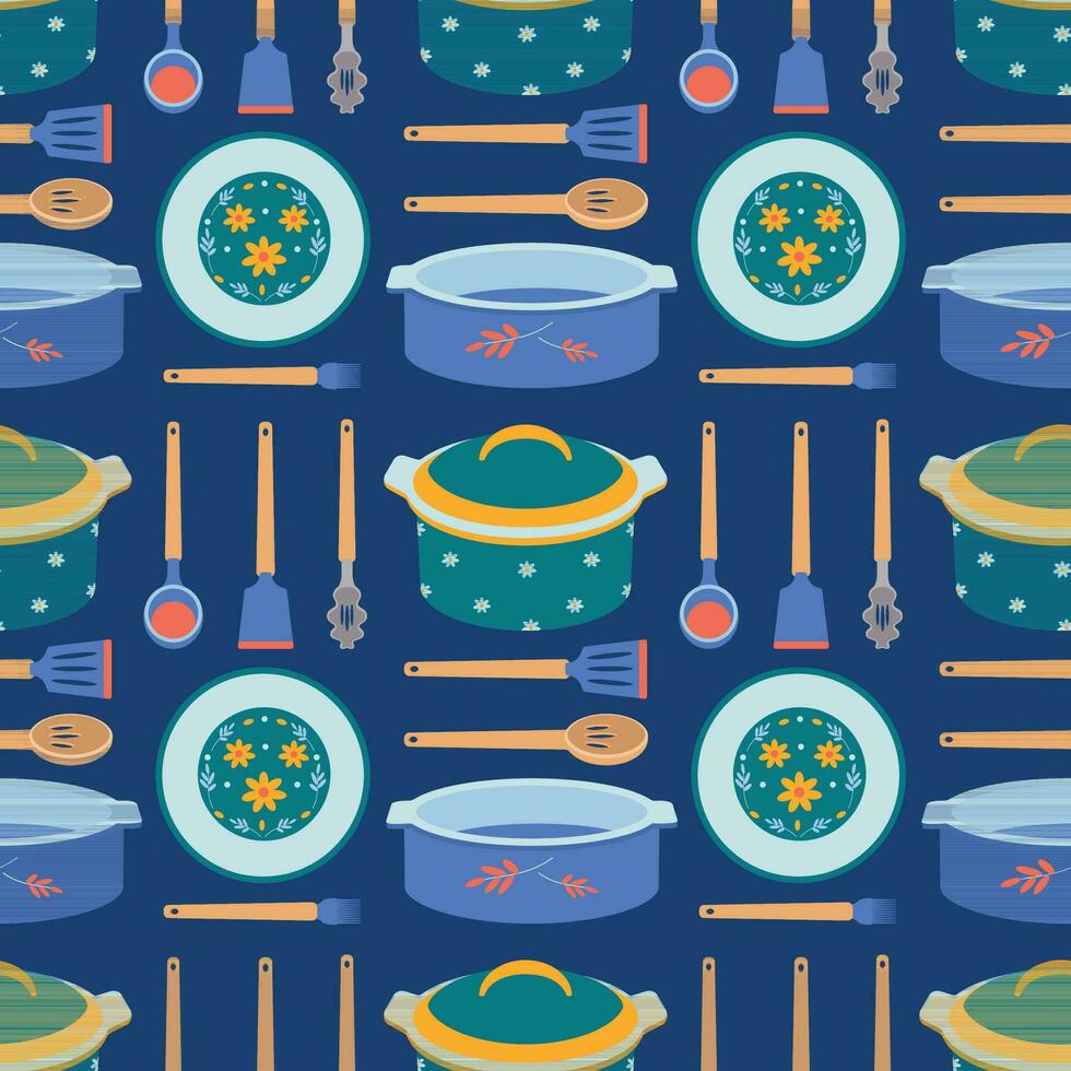 Pattern of kitchen utensils, pan, spoon, ladle, plate, bowl, baking dish, spatula. vector