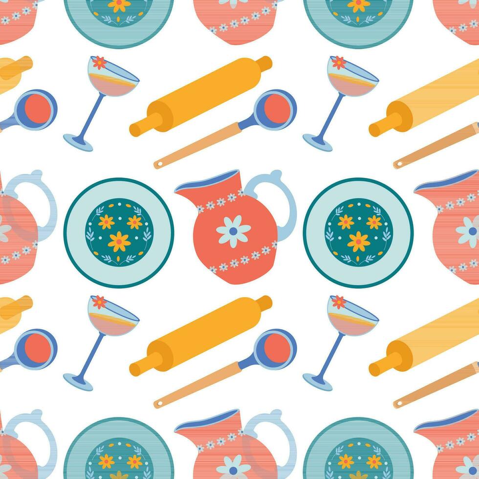Pattern of kitchen utensils, ladle, plate, bowl, wine glasses. vector