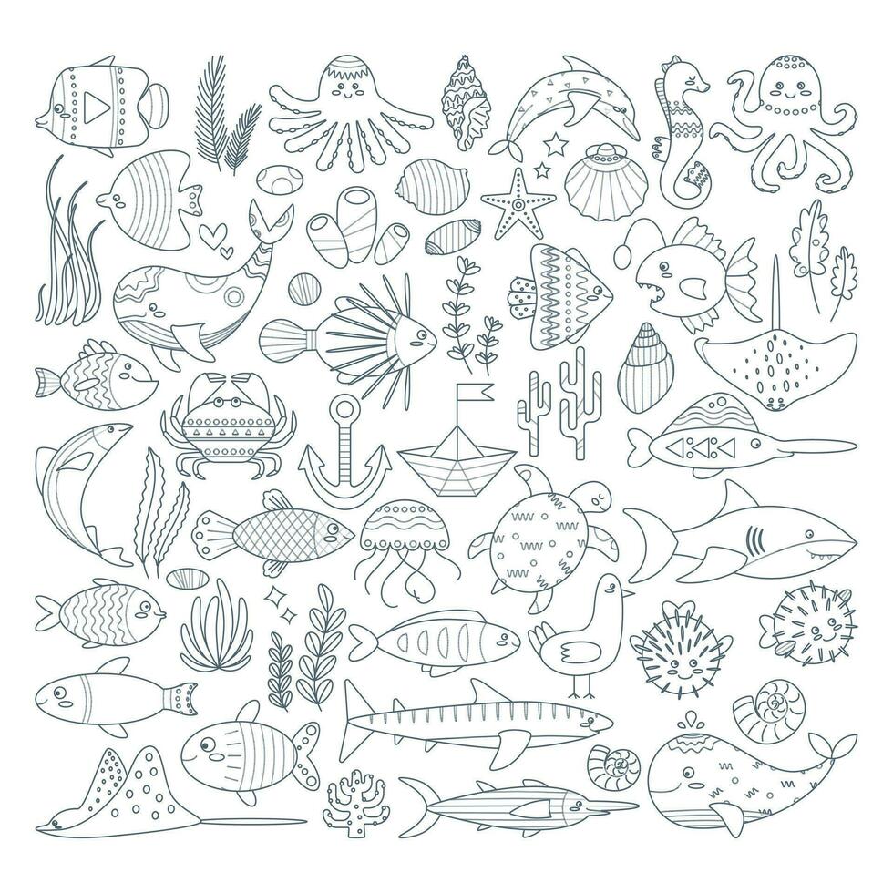 Set of algae, shells, octopus, stingray, dolphin, seahorse, swordfish, turtle, whale, crab. vector