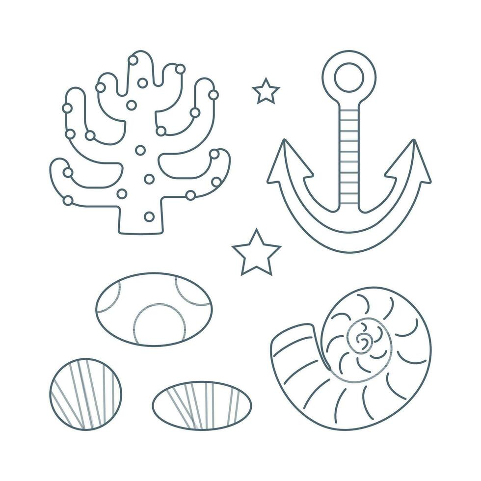 Set of of seaweed, seashells, stones, anchor in flat cartoon style. vector