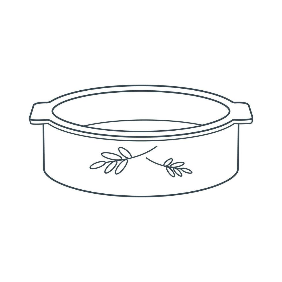 Dishes. A round baking dish with a floral ornament, a pan. Line art. vector