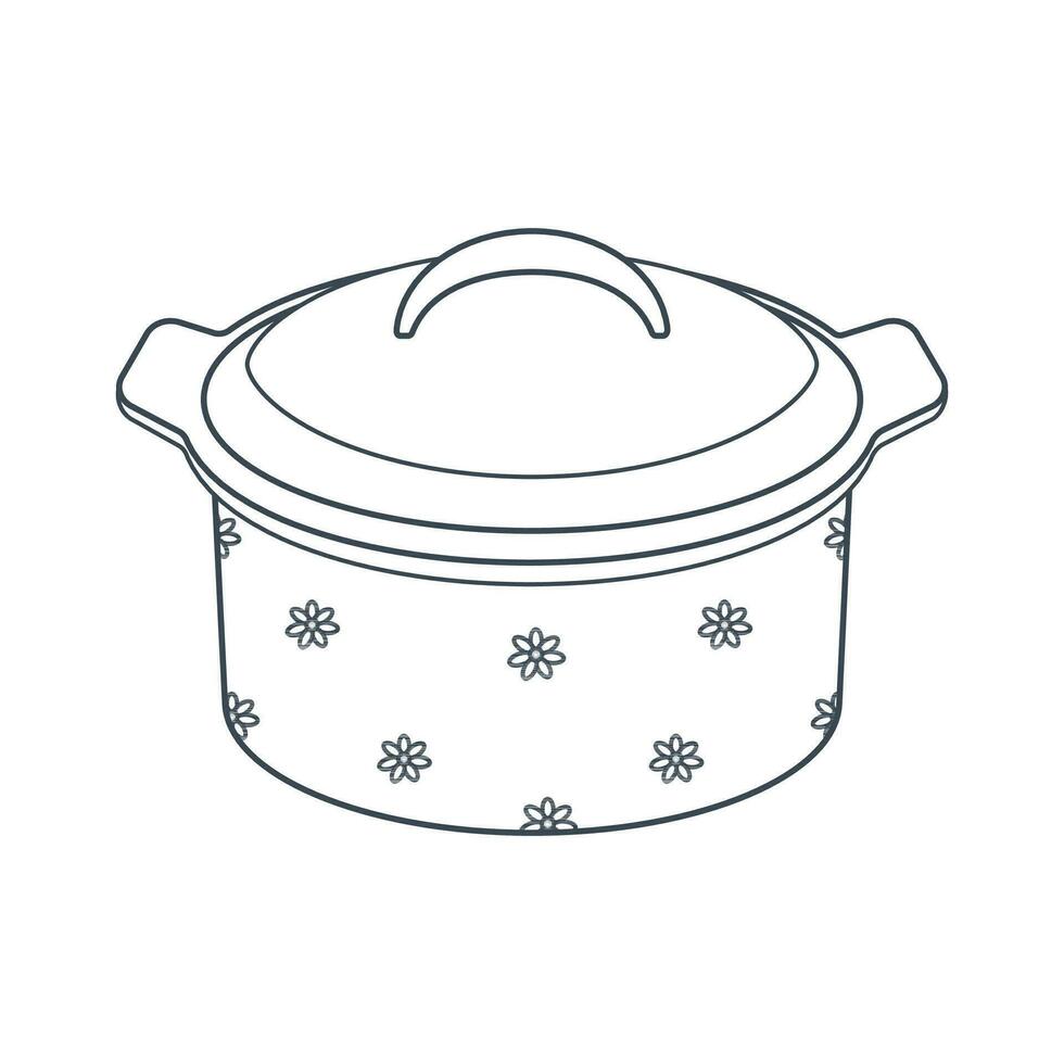 Dishes. A pot with a lid and a floral ornament. Line art. vector
