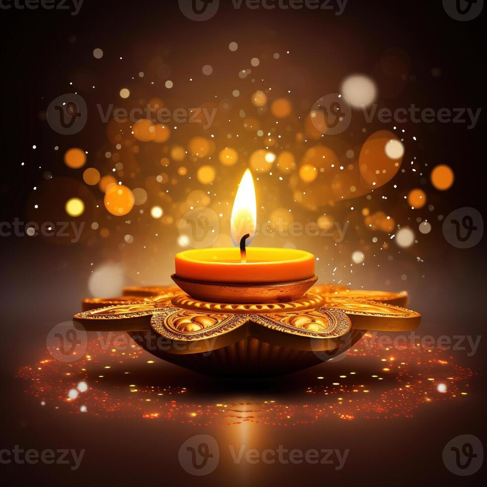 Illustration of Diwali festival Diya Lamp with rangoli at the bottom. . photo