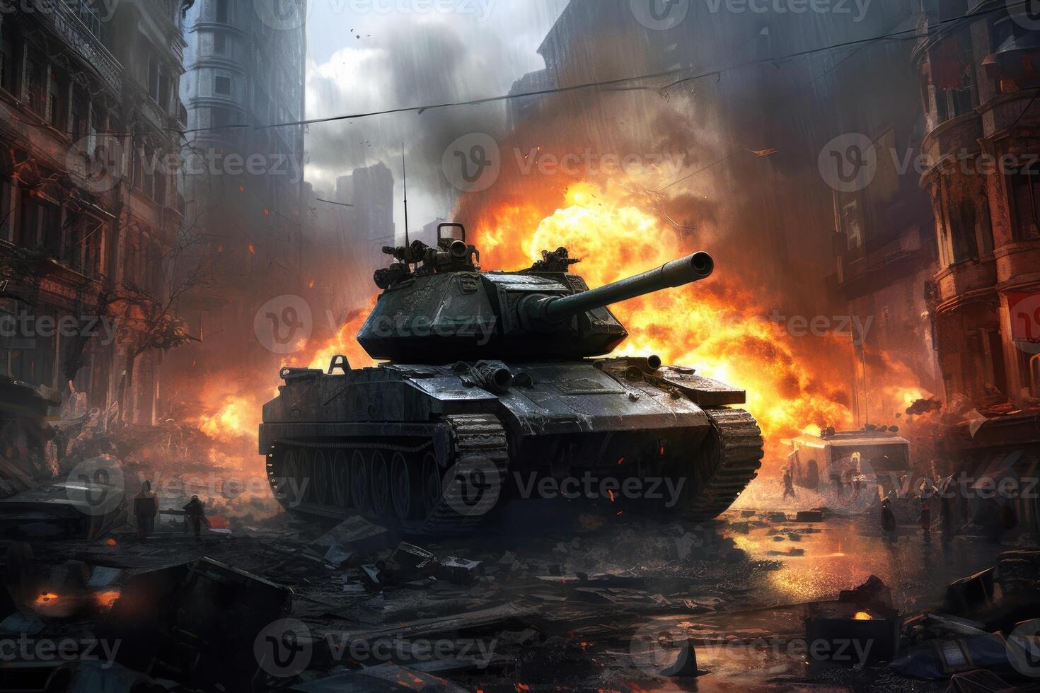 Tank in a city destroyed by war. Army battle, artillery weapons force conflict. photo
