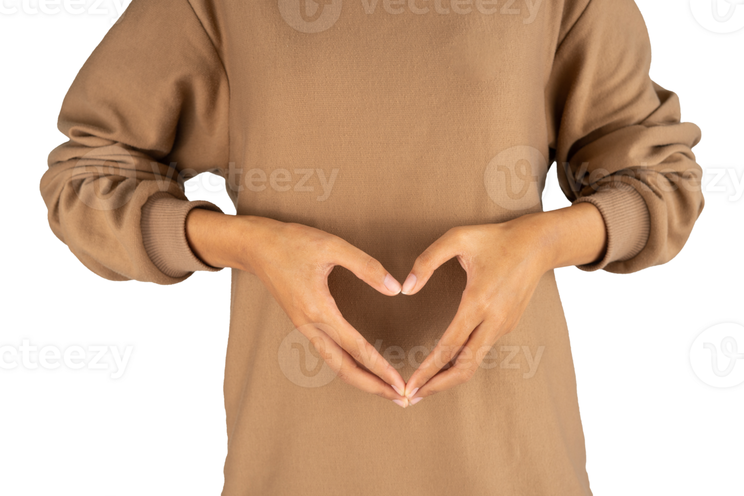 Gesture of two hands forming a heart in the stomach png