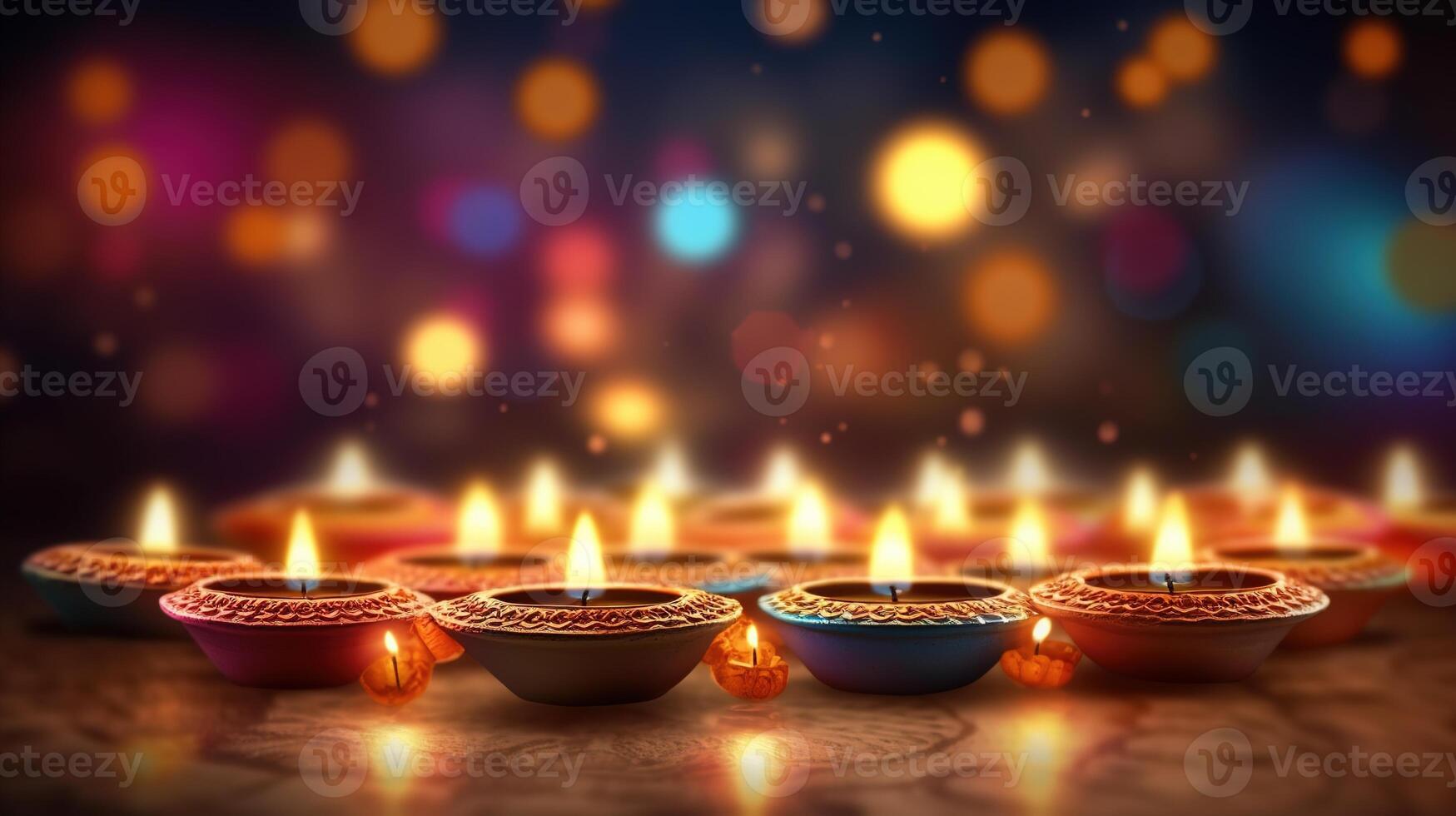 Illustration of Diwali festival Diya Lamp with rangoli at the bottom. . photo