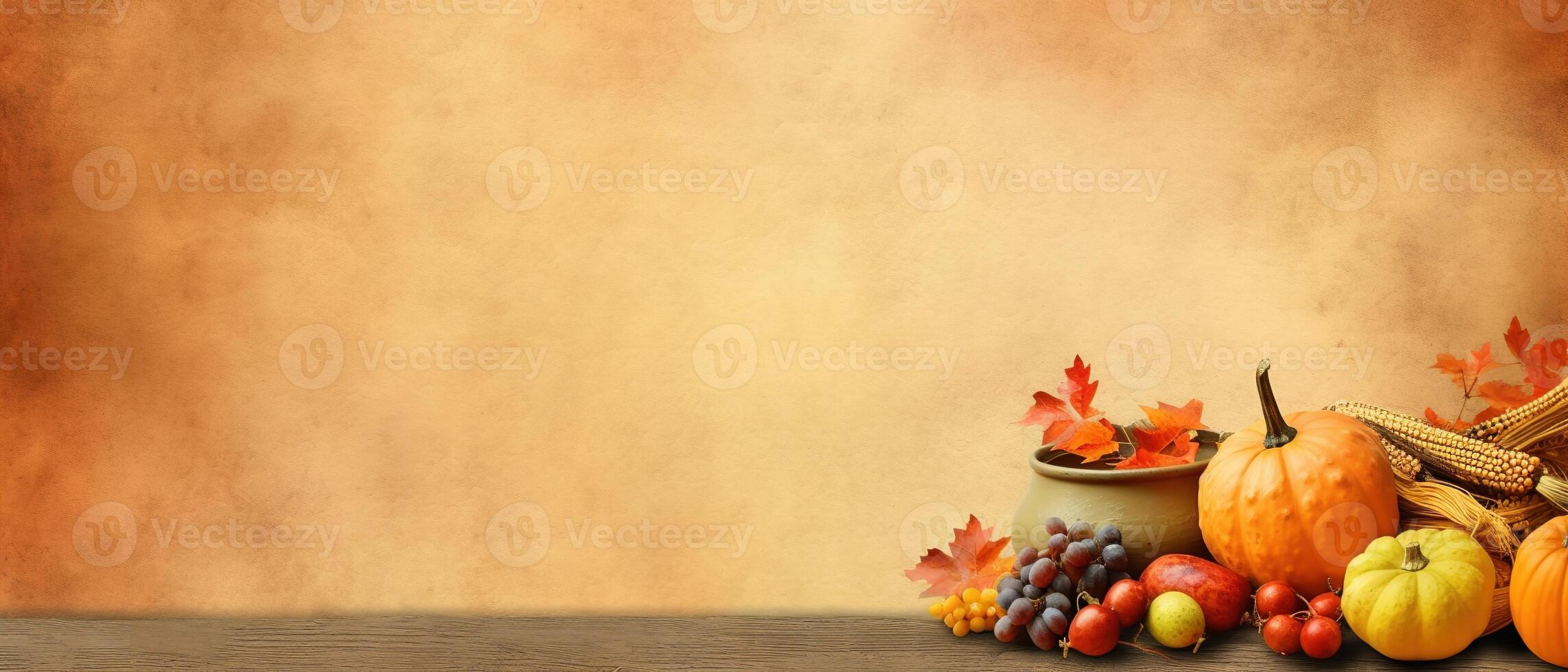 Festive autumn and Happy Thanksgiving decor from pumpkins, berries and leaves. . photo