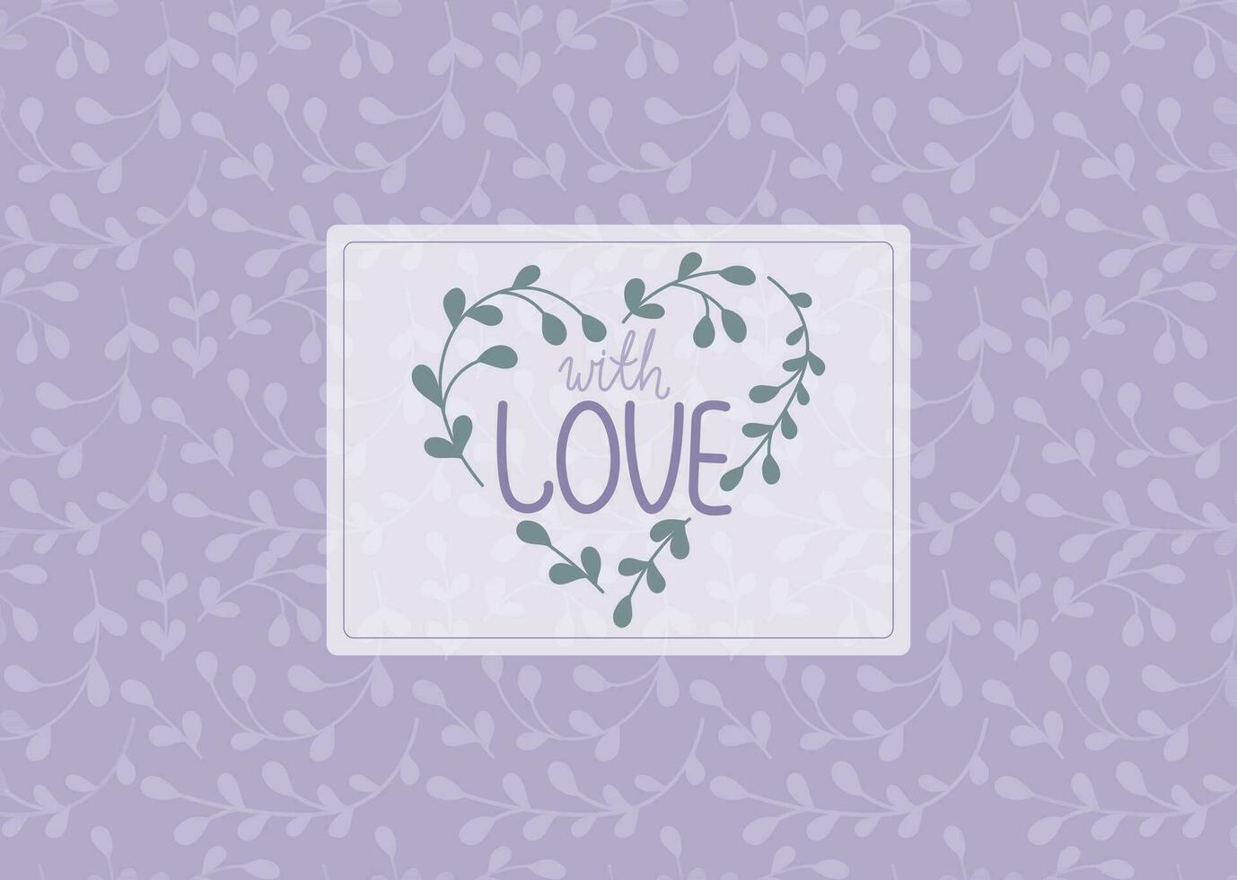 Lettering text With love, heart shape from twigs with leaves. Vector isolated label or sticker in flat style, floral pattern.