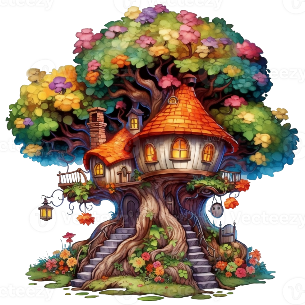 Illustration von ein Märchen Haus auf ein Baum mit ein Menge von Blumen ai generativ png
