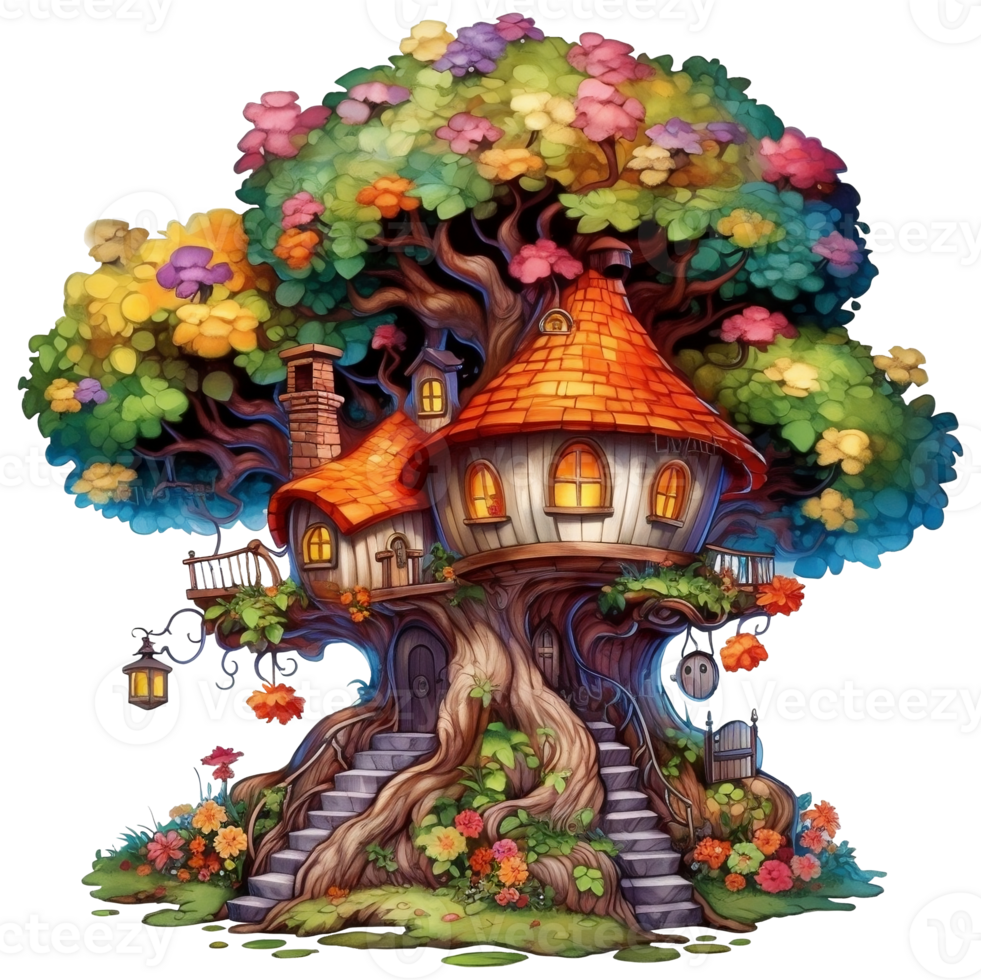 illustration de une Conte de fée maison sur une arbre avec une lot de fleurs ai génératif png