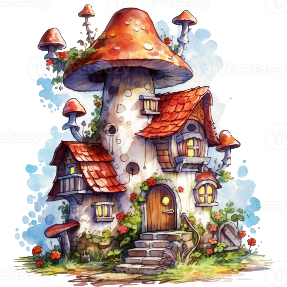 Illustration of a fairy-tale house on a tree with a lot of flowers AI Generative png