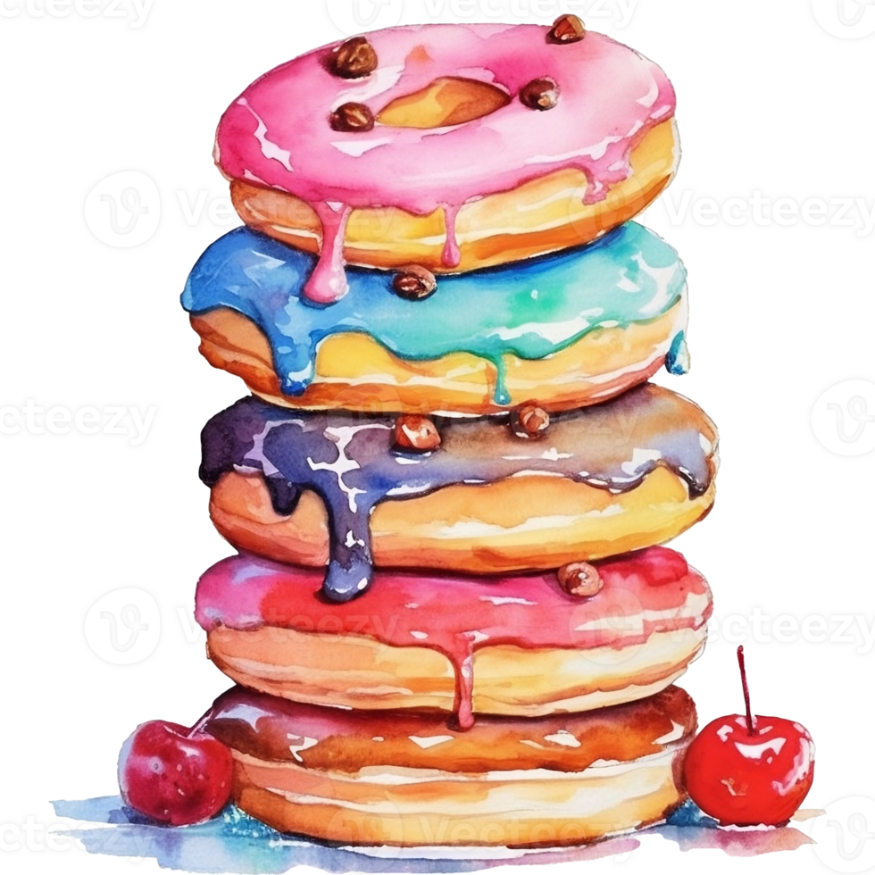 Watercolor illustration of a stack of delicious donuts with icing and sprinkles png