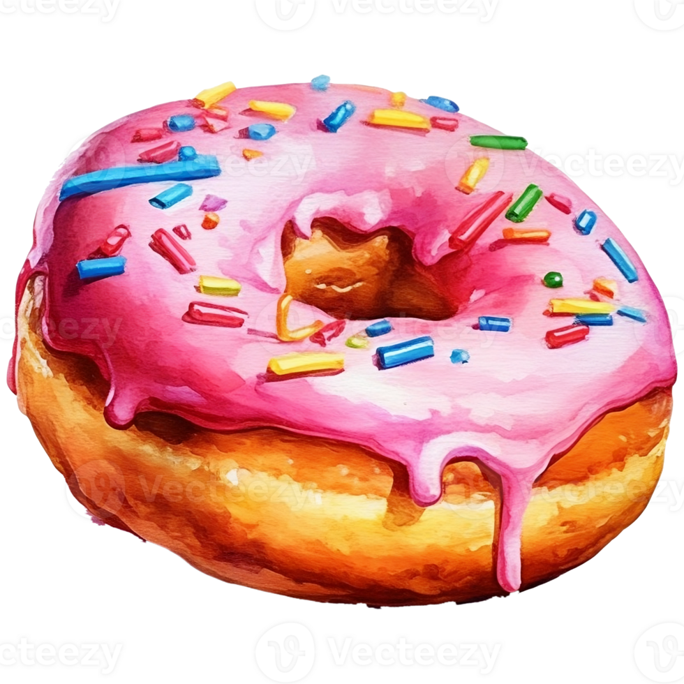 Illustration of a donut with pink icing and colorful sprinkles png