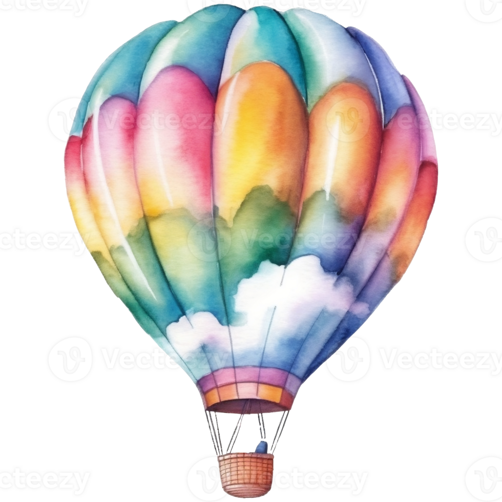 A colorful hot air balloon is flying in the sky, Watercolor illustration AI Generative png