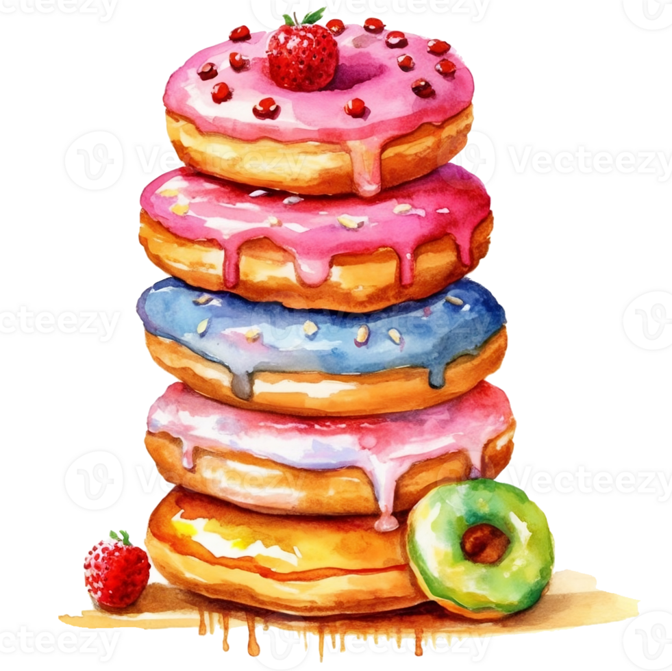 Watercolor illustration of a stack of delicious donuts with icing and sprinkles png