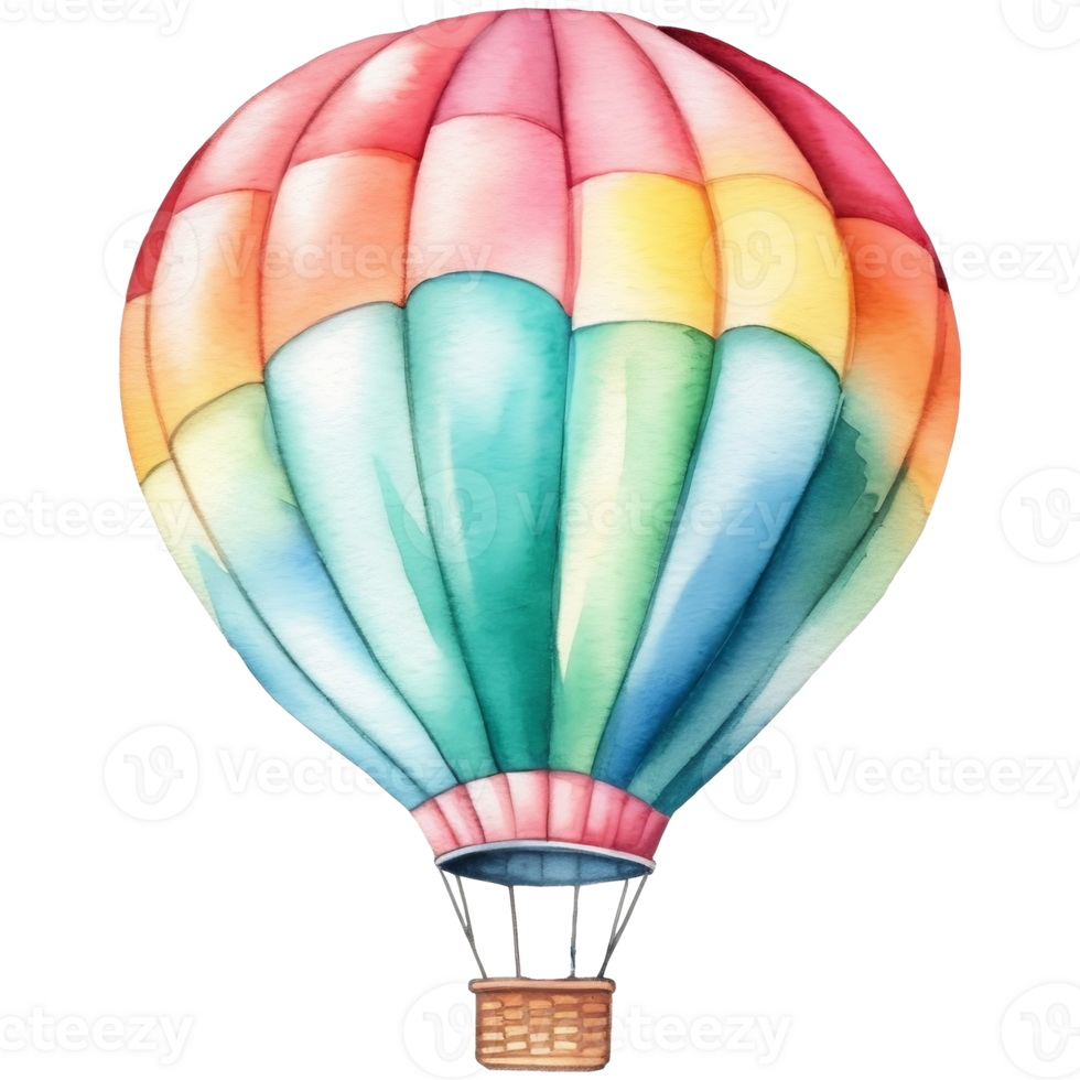 A colorful hot air balloon is flying in the sky, Watercolor illustration png