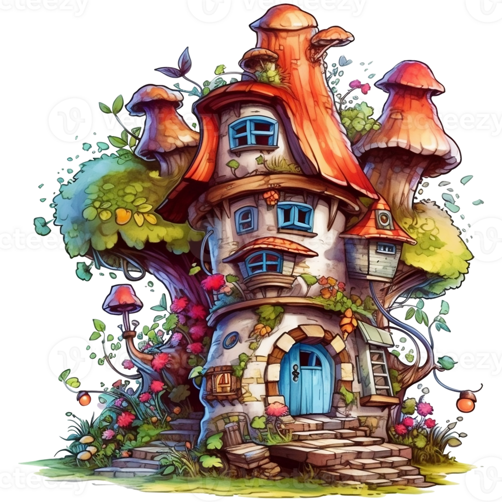 Illustration of a fairy-tale house on a tree with a lot of flowers AI Generative png