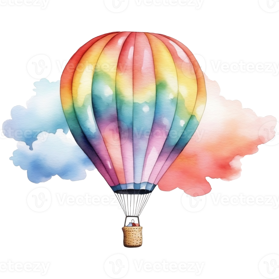 A colorful hot air balloon is flying in the sky, Watercolor illustration png