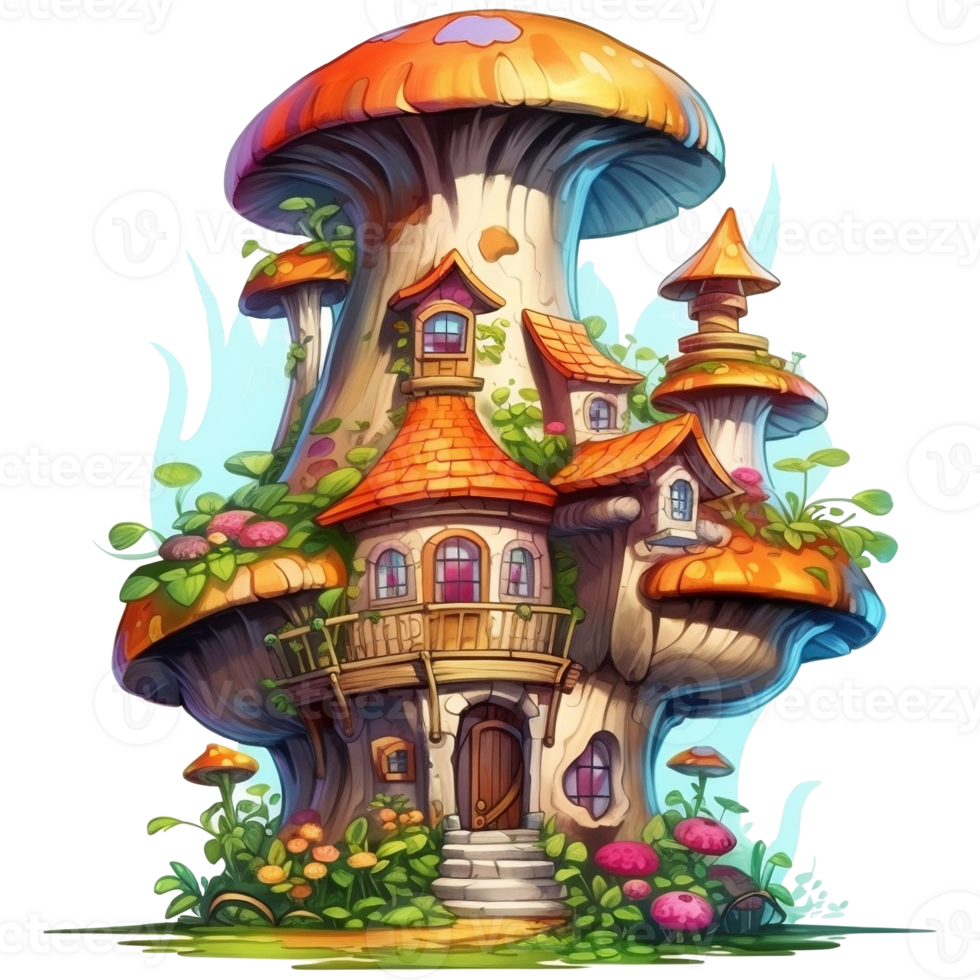 Illustration of a fairy-tale house on a tree with a lot of flowers png