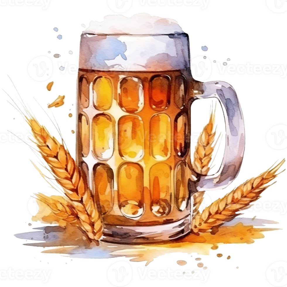 Beer mug and wheat. Hand drawn watercolor illustratio, png