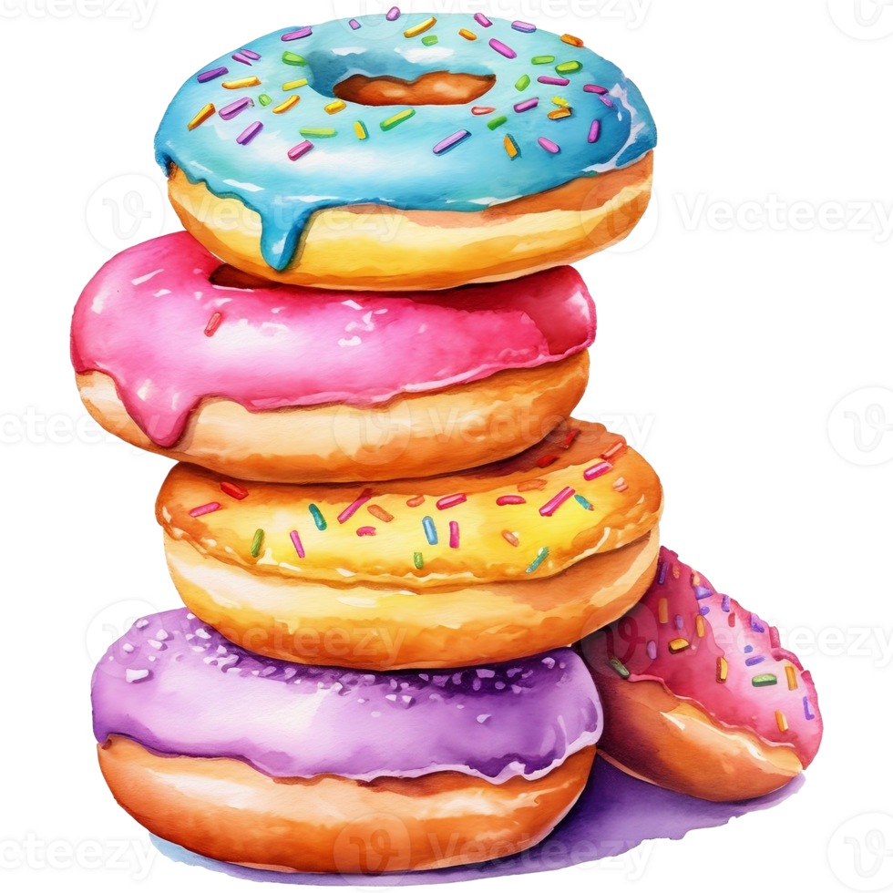Watercolor illustration of a stack of delicious donuts with icing and sprinkles png