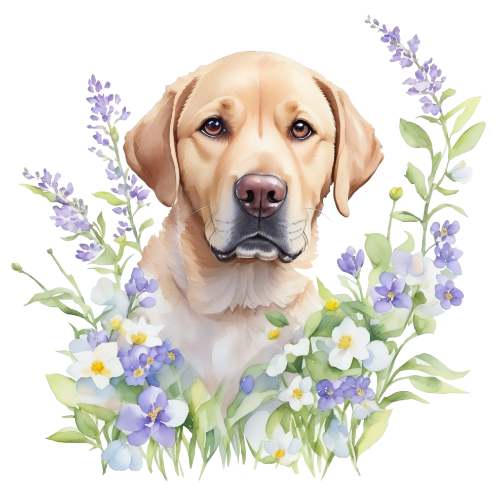 Dog with flowers Watercolor illustration isolated, png