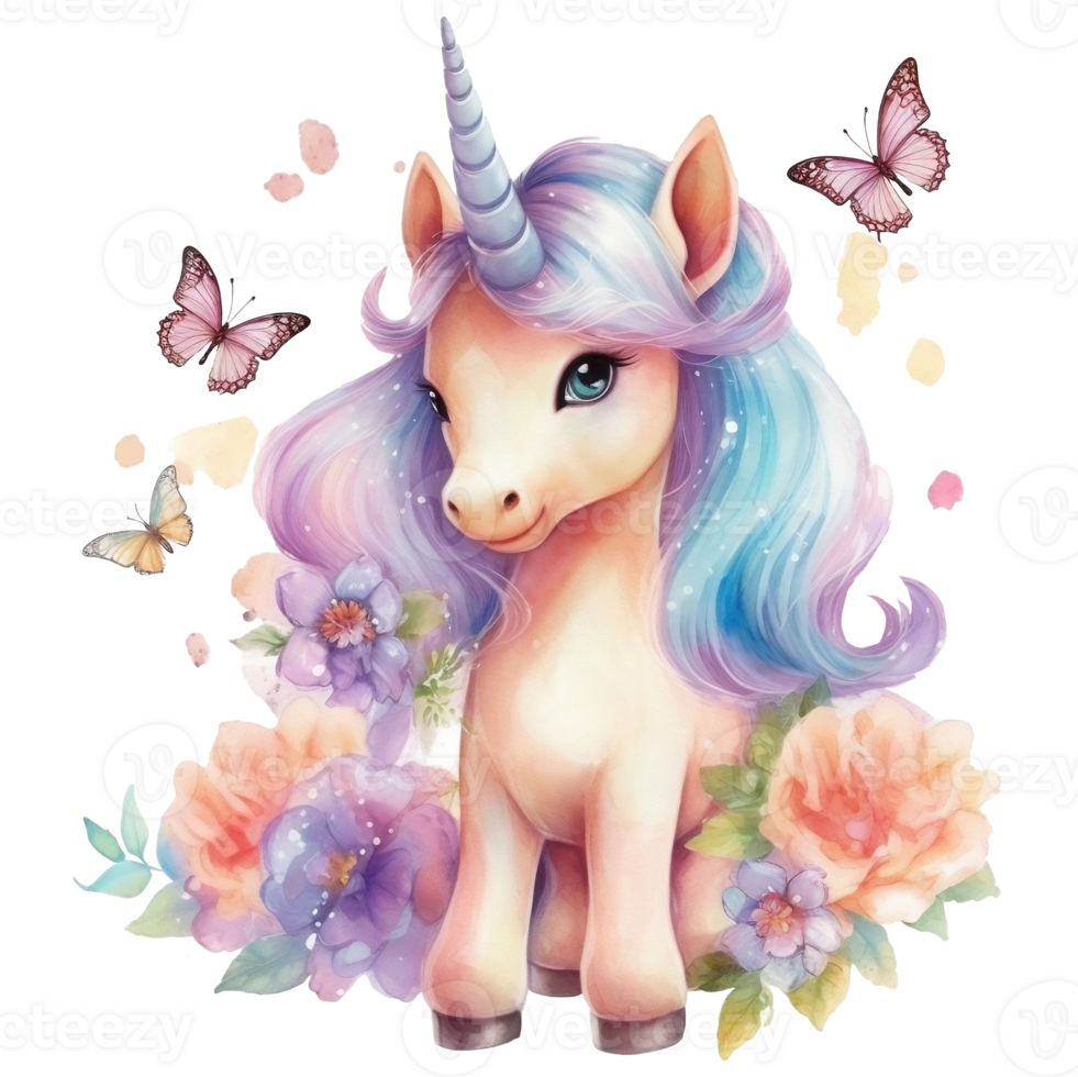 Cute unicorn with flowers and butterflies isolated on a white background Watercolor illustration, AI Generative png