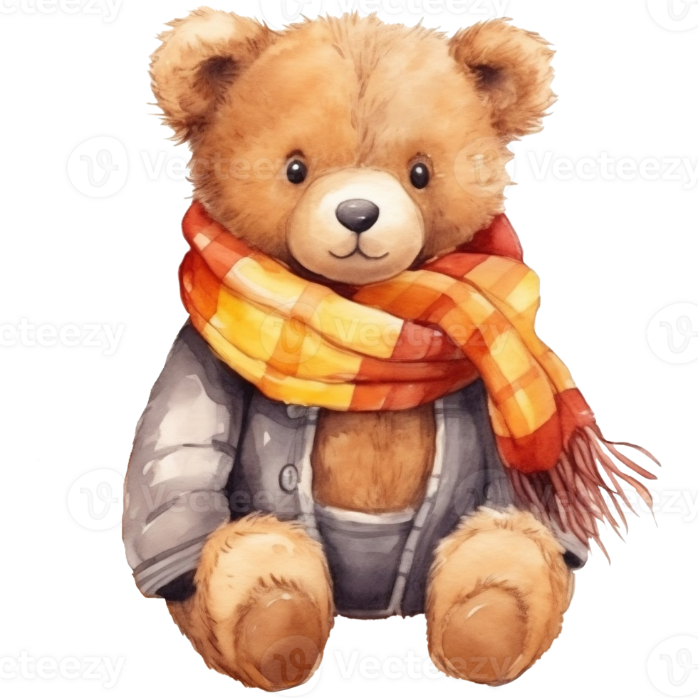 Cute teddy bear in scarf. Watercolor illustration, Hello Autumn png
