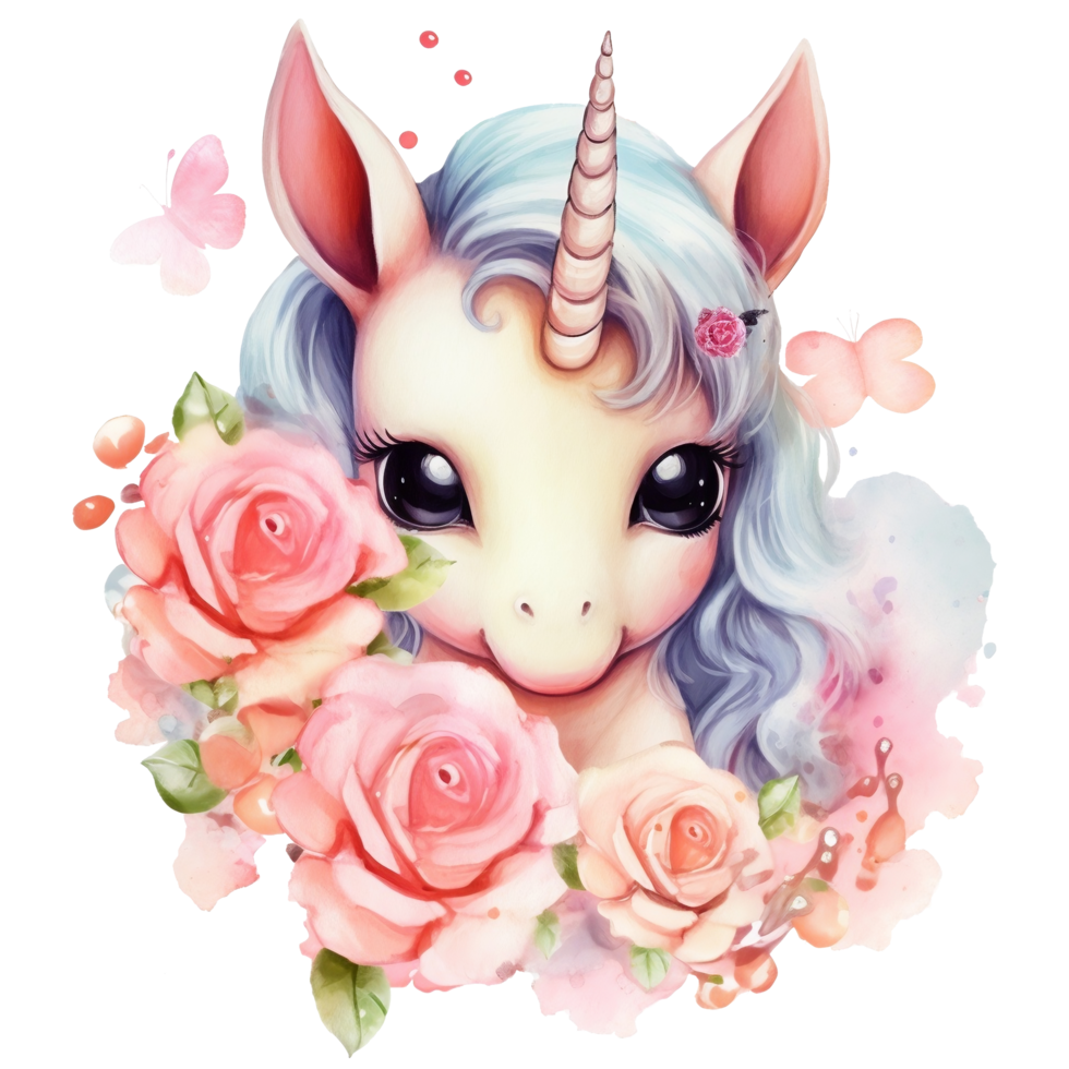 carino unicorno con primavera fiori acquerello illustrazione, ai generativo png