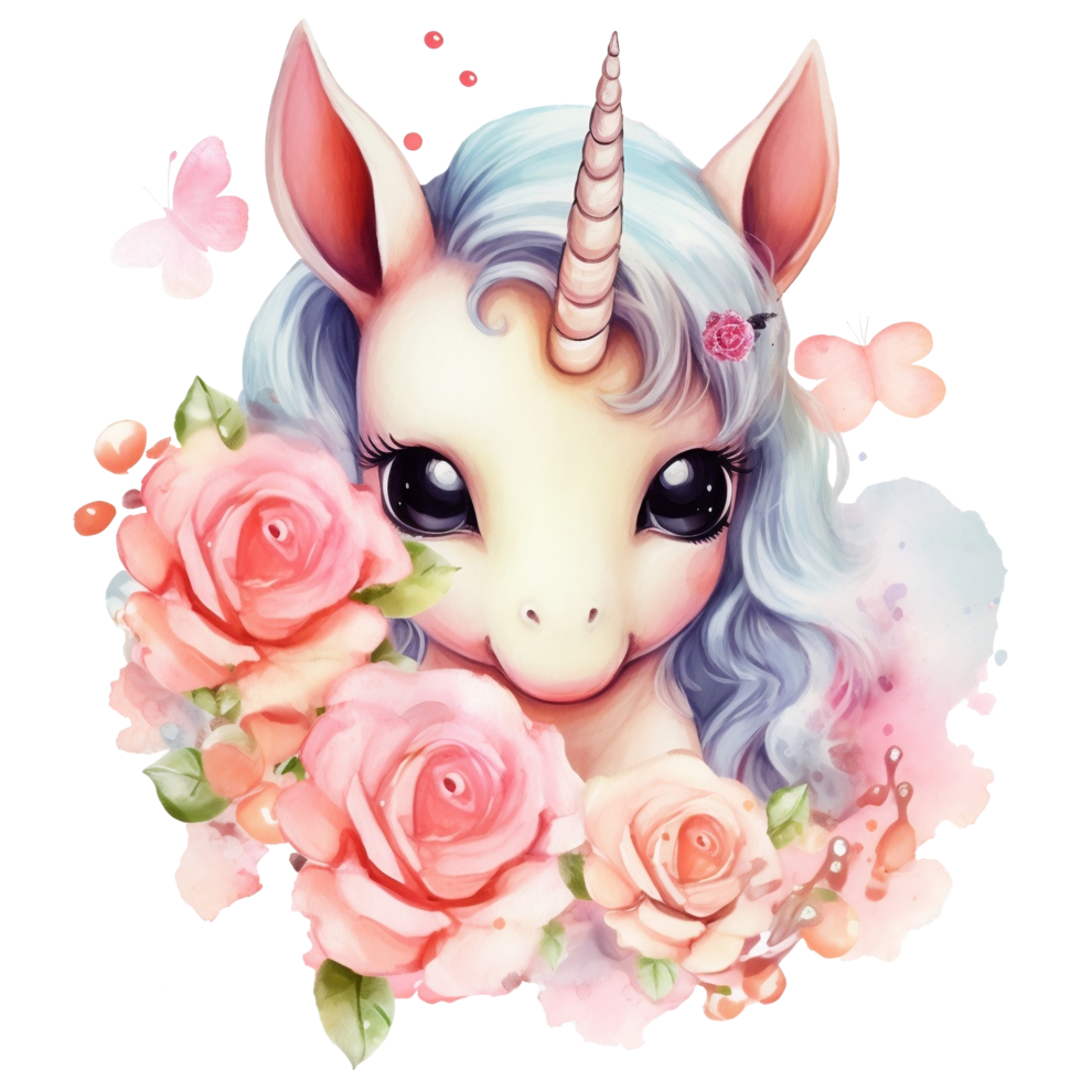 Cute unicorn with spring flowers watercolor illustration, png