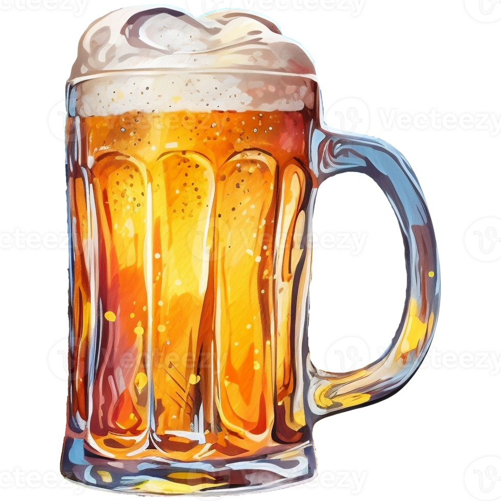 Beer mug with foam watercolor hand drawn AI Generativev png