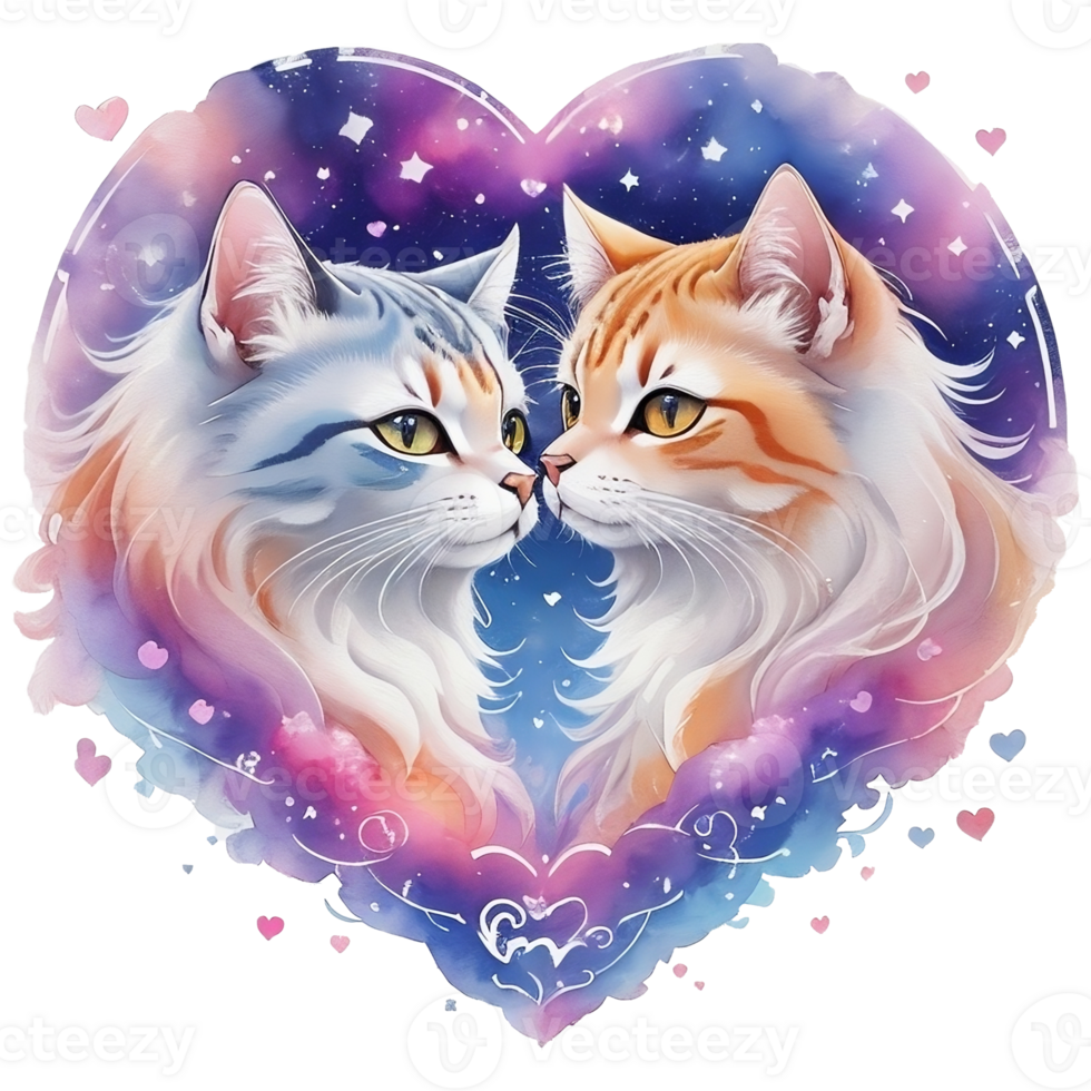 Two cats in the shape of a heart, Watercolor illustration png