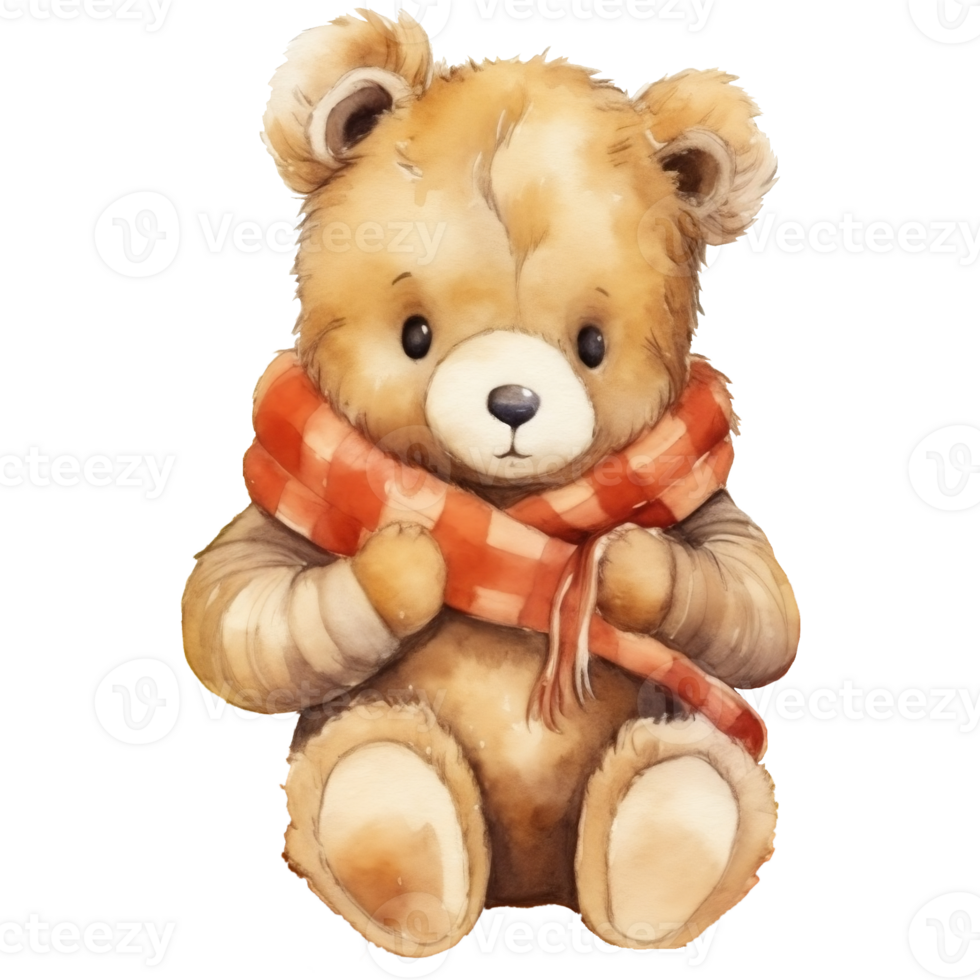 Cute teddy bear in scarf. Watercolor illustration, Hello Autumn png