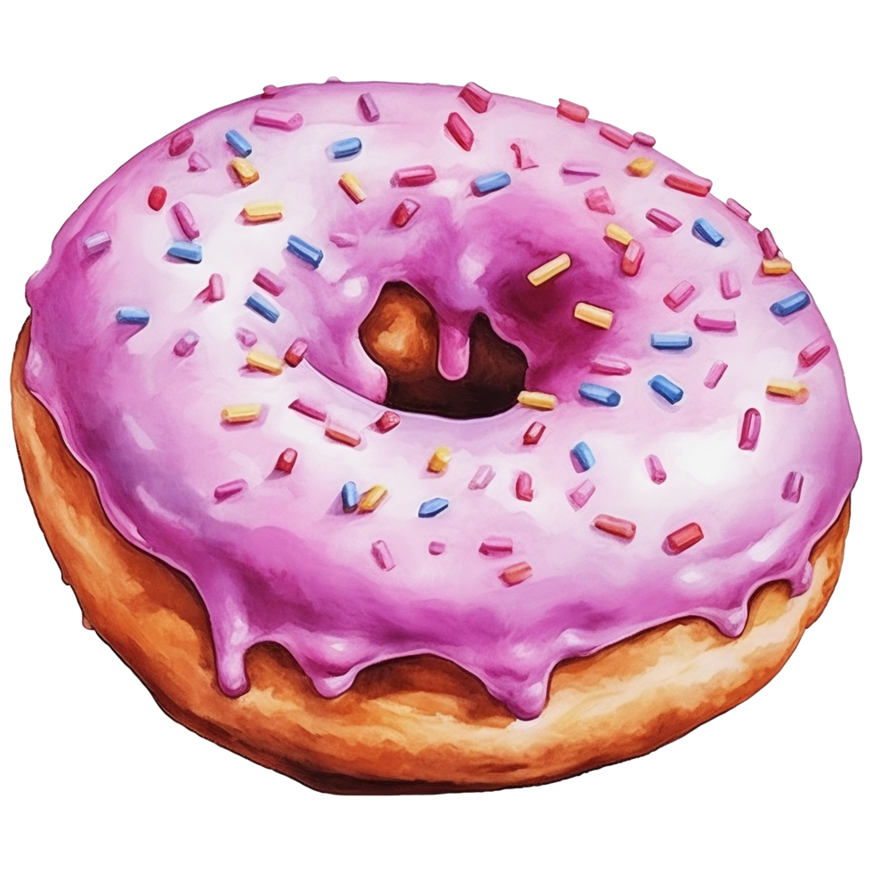 Illustration of a donut with purple icing and colorful sprinkles png