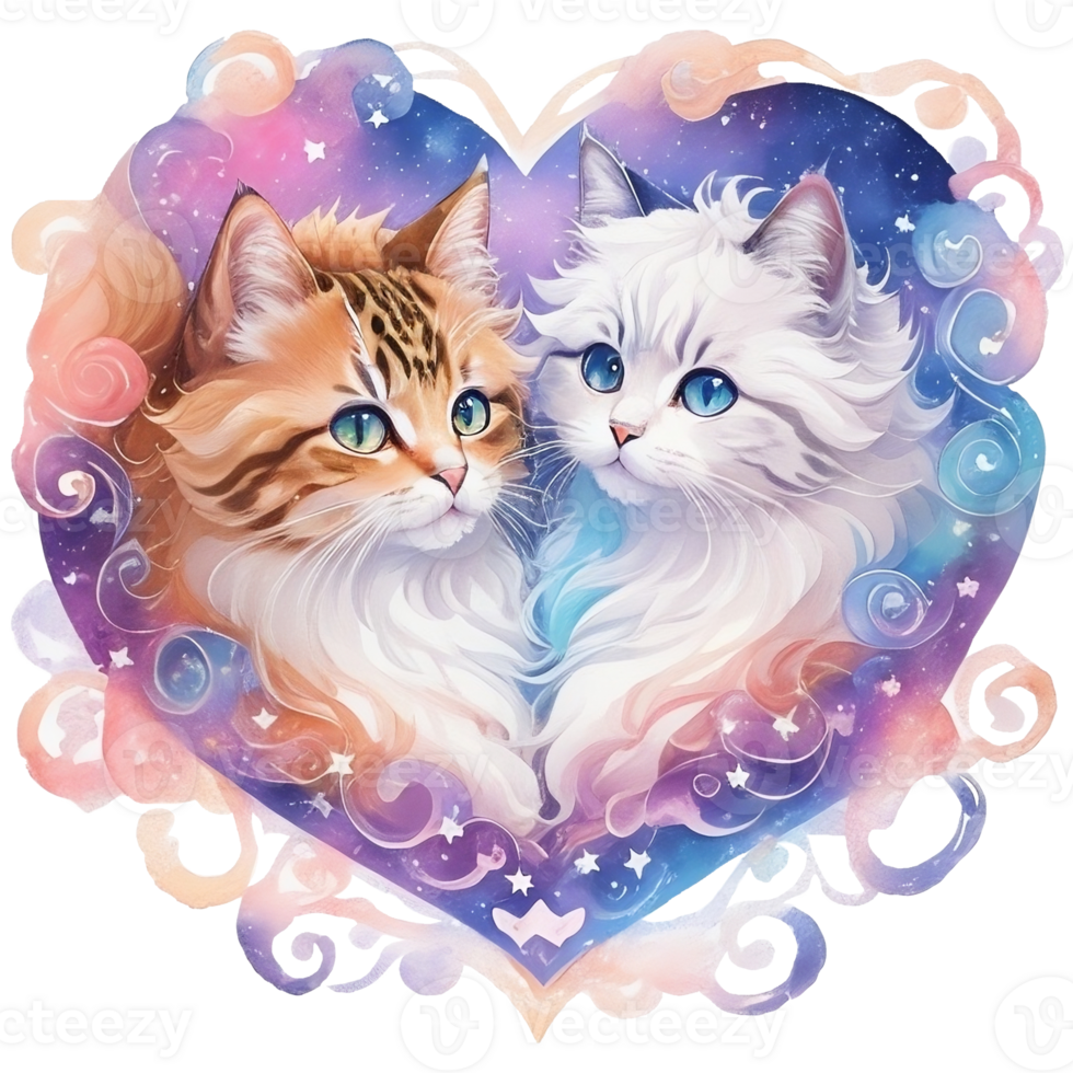 Two cats in the shape of a heart, Watercolor illustration png