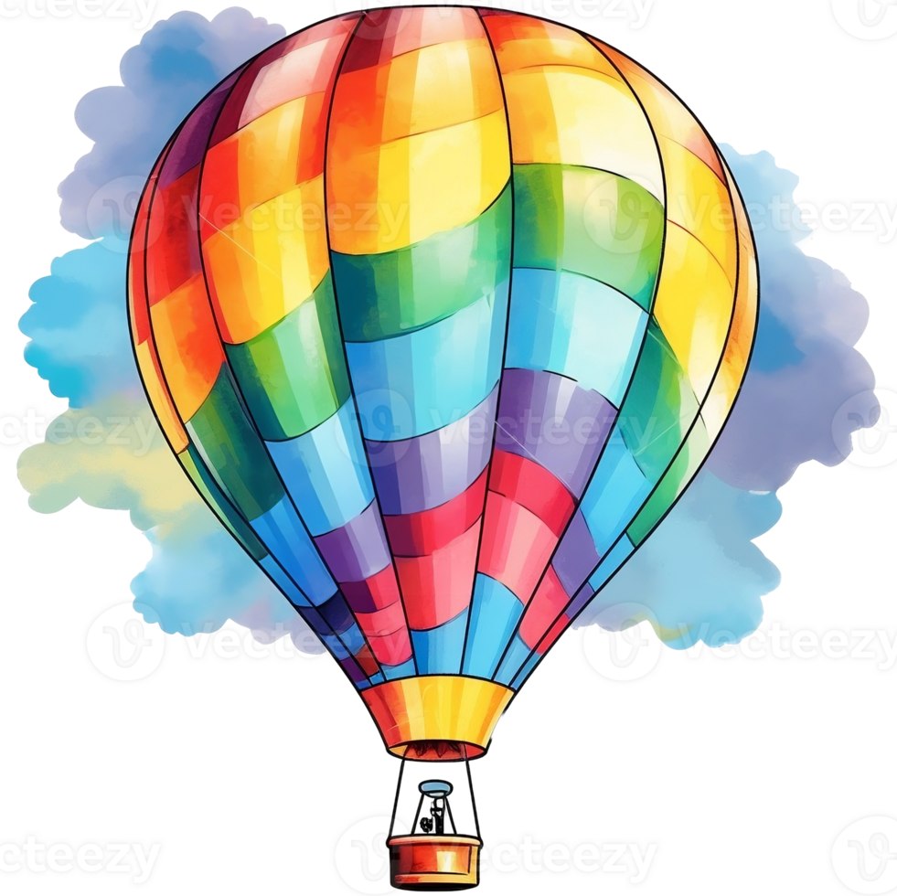 A colorful hot air balloon is flying in the sky, Watercolor illustration png