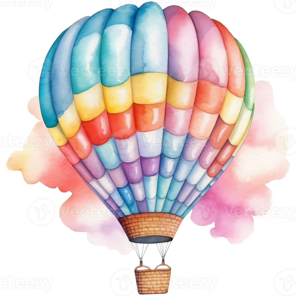 A colorful hot air balloon is flying in the sky, Watercolor illustration png