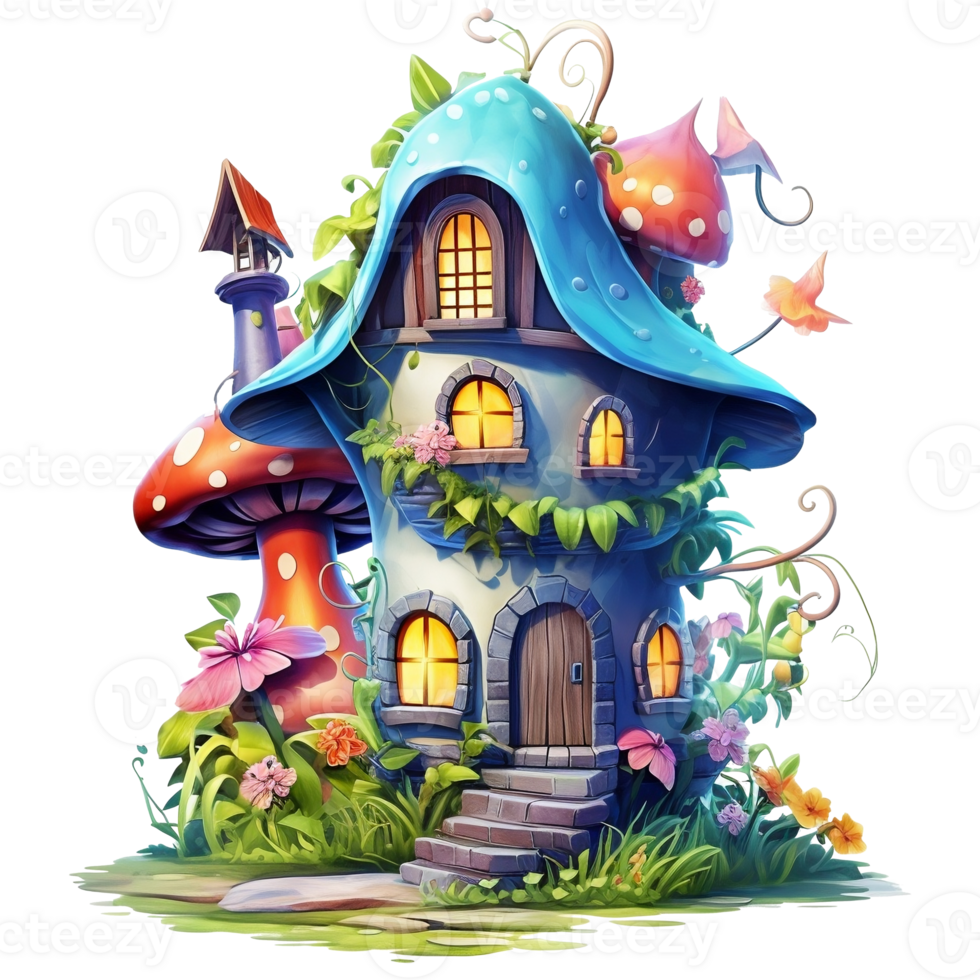 illustration de une Conte de fée maison sur une arbre avec une lot de fleurs ai génératif png