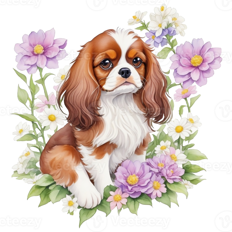 Dog with flowers Watercolor illustration isolated, png