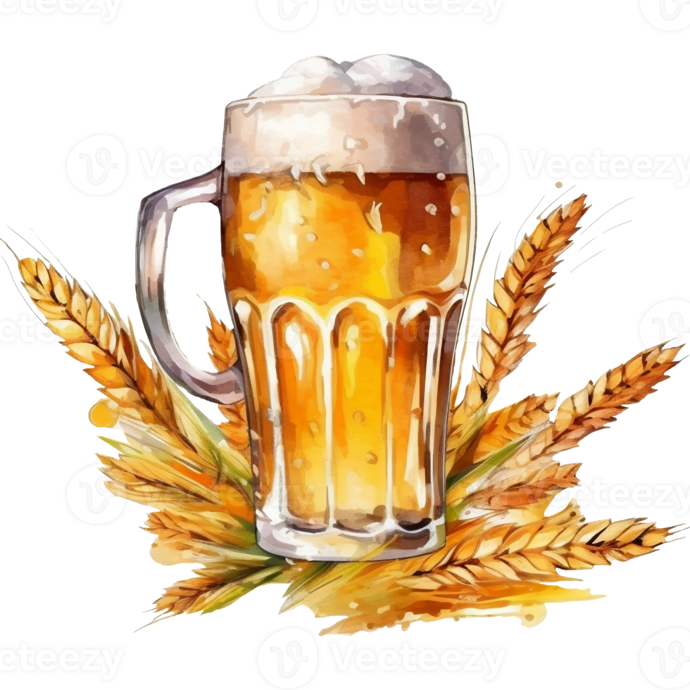 Beer mug and wheat. Hand drawn watercolor illustration AI  Generative png