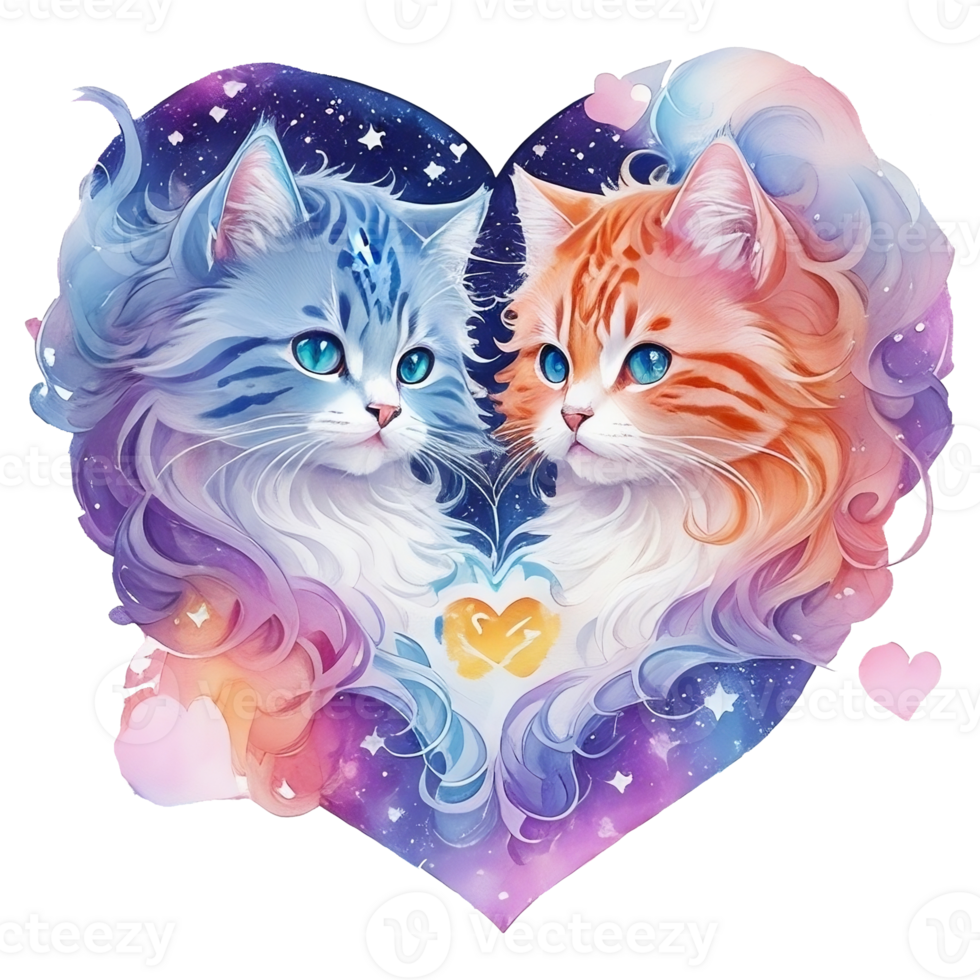 Two cats in the shape of a heart, Watercolor illustration png