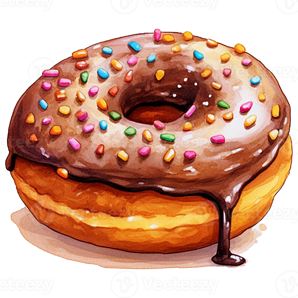 Illustration of a donut with chocolate icing and colorful sprinkles png