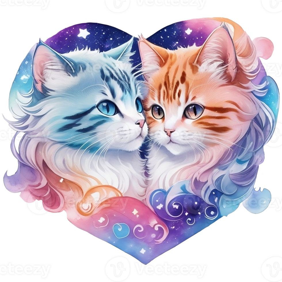 deux chats dans le forme de une cœur, aquarelle illustration ai génératif png