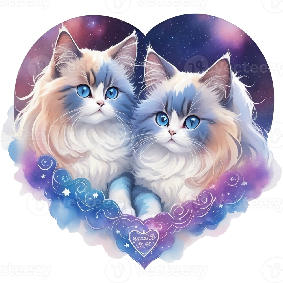 dos gatos en el forma de un corazón, acuarela ilustración ai generativo png