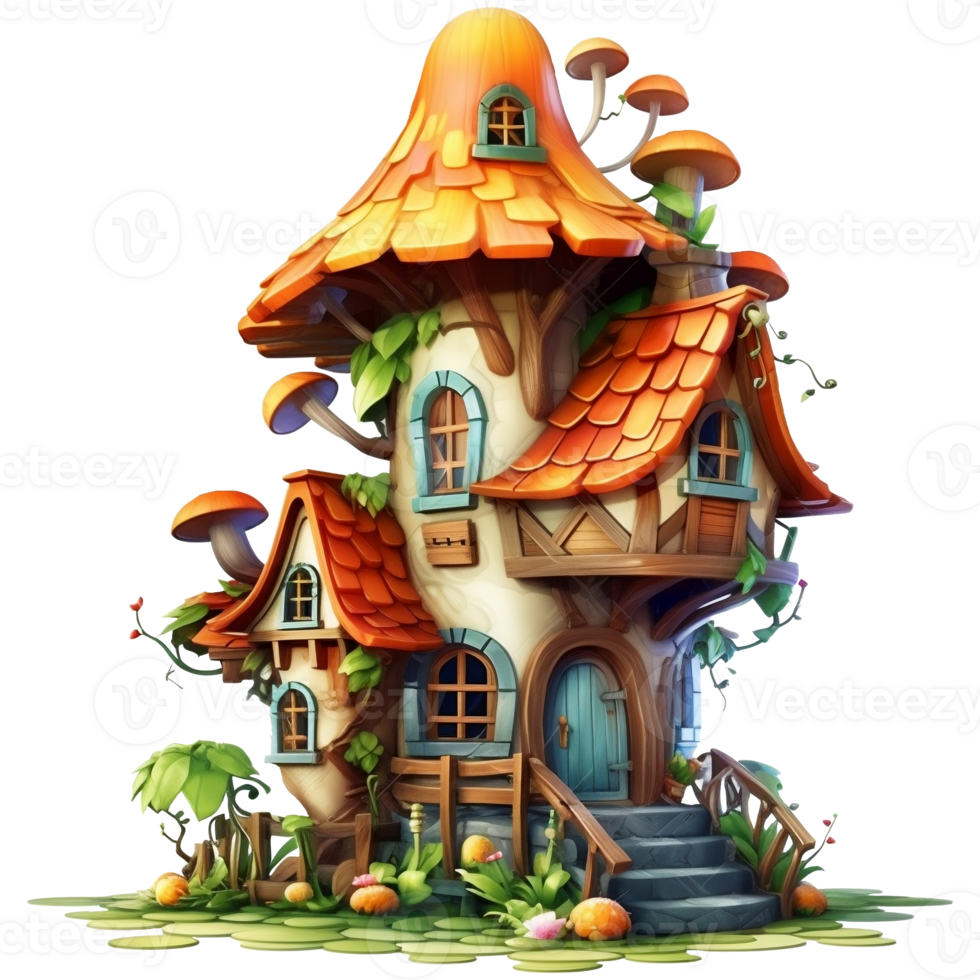 Illustration of a fairy-tale house on a tree with a lot of flowers AI Generative png