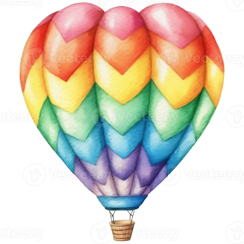 A colorful hot air balloon is flying in the sky, Watercolor illustration png