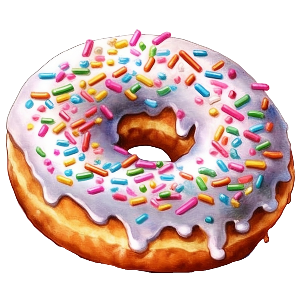 Illustration of a donut with white icing and colorful sprinkles png